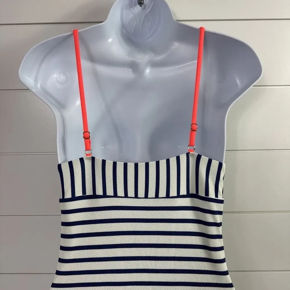 J. Crew V-Neck Crisscross One Piece Swimsuit Textured Stripe White Blue sz 6